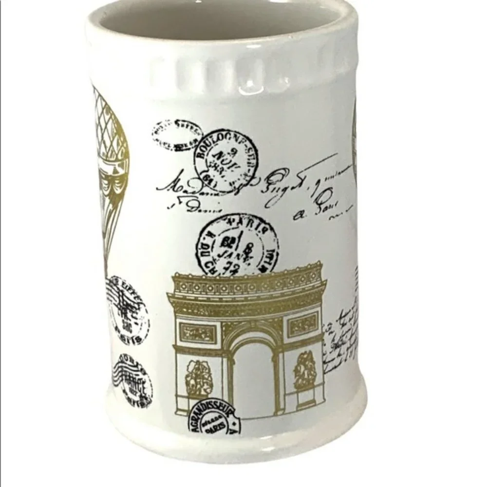 Paris Toothbrush Holder Arc de Triomphe Parisian French Ceramic Decor White Gold